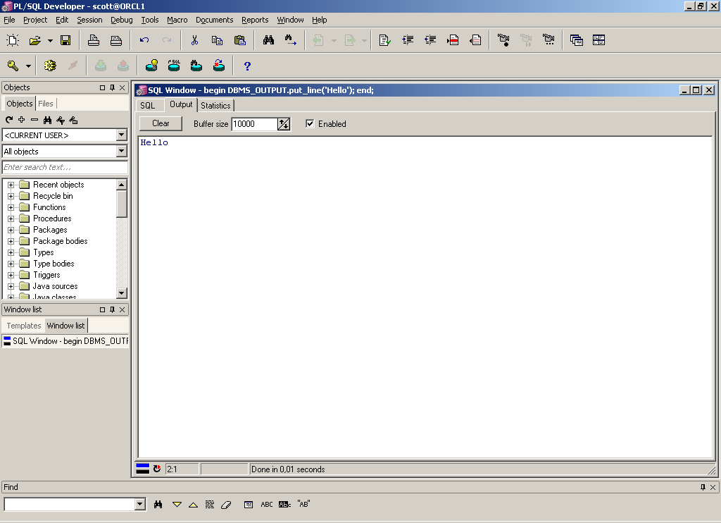 Hello World on PL/SQL